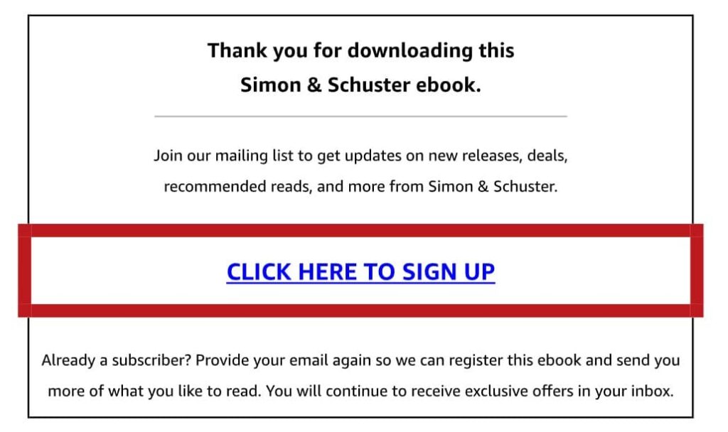 Example of an e-book mailing list sign-up CTA in front pages - Simon and Schuster