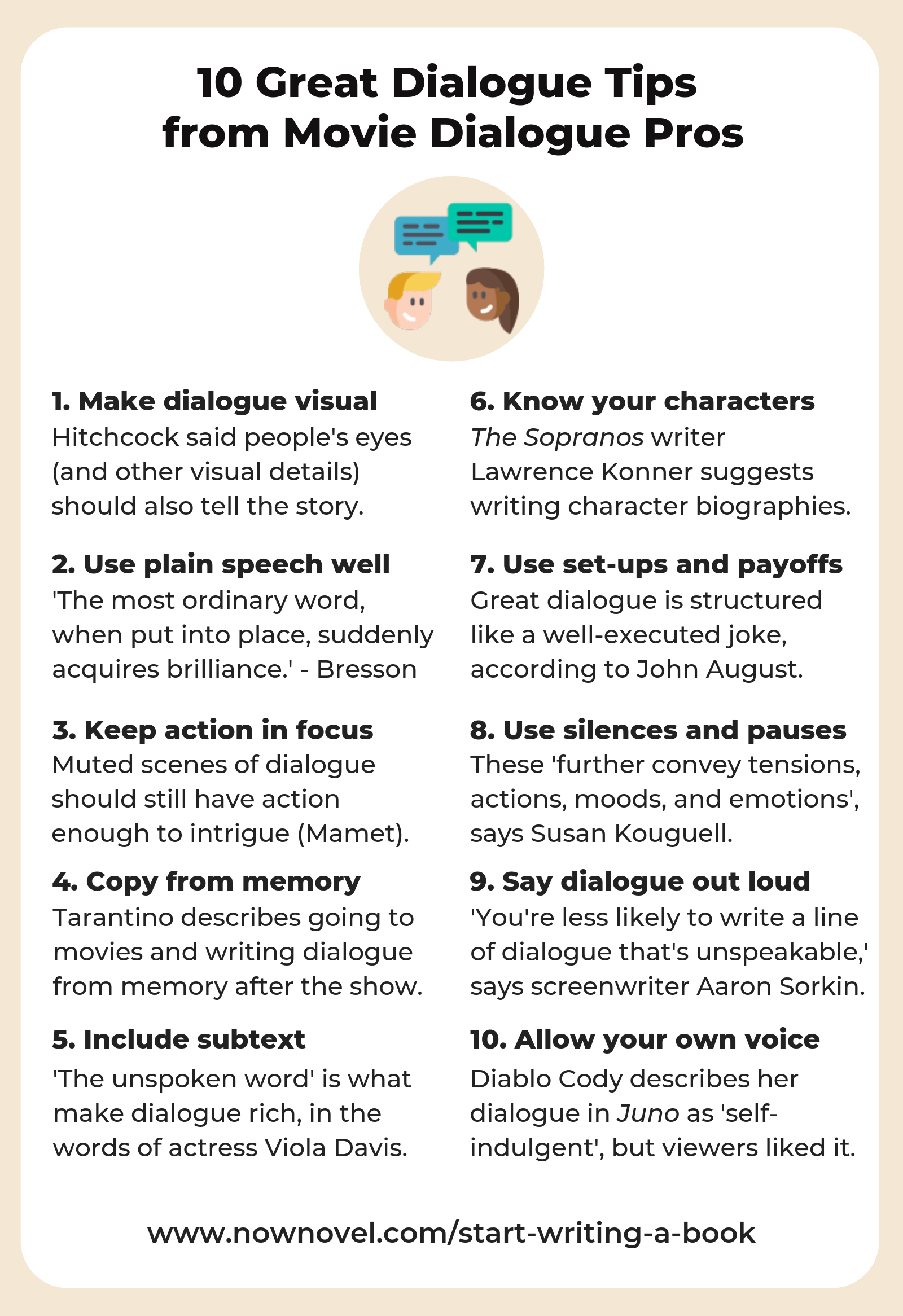 Infographic - great dialogue tips from movie pros | Now Novel