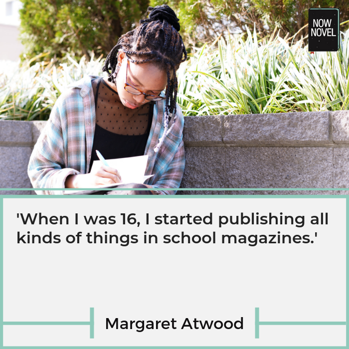 Image of younger writer and Margaret Atwood quote on publishing | Now Novel
