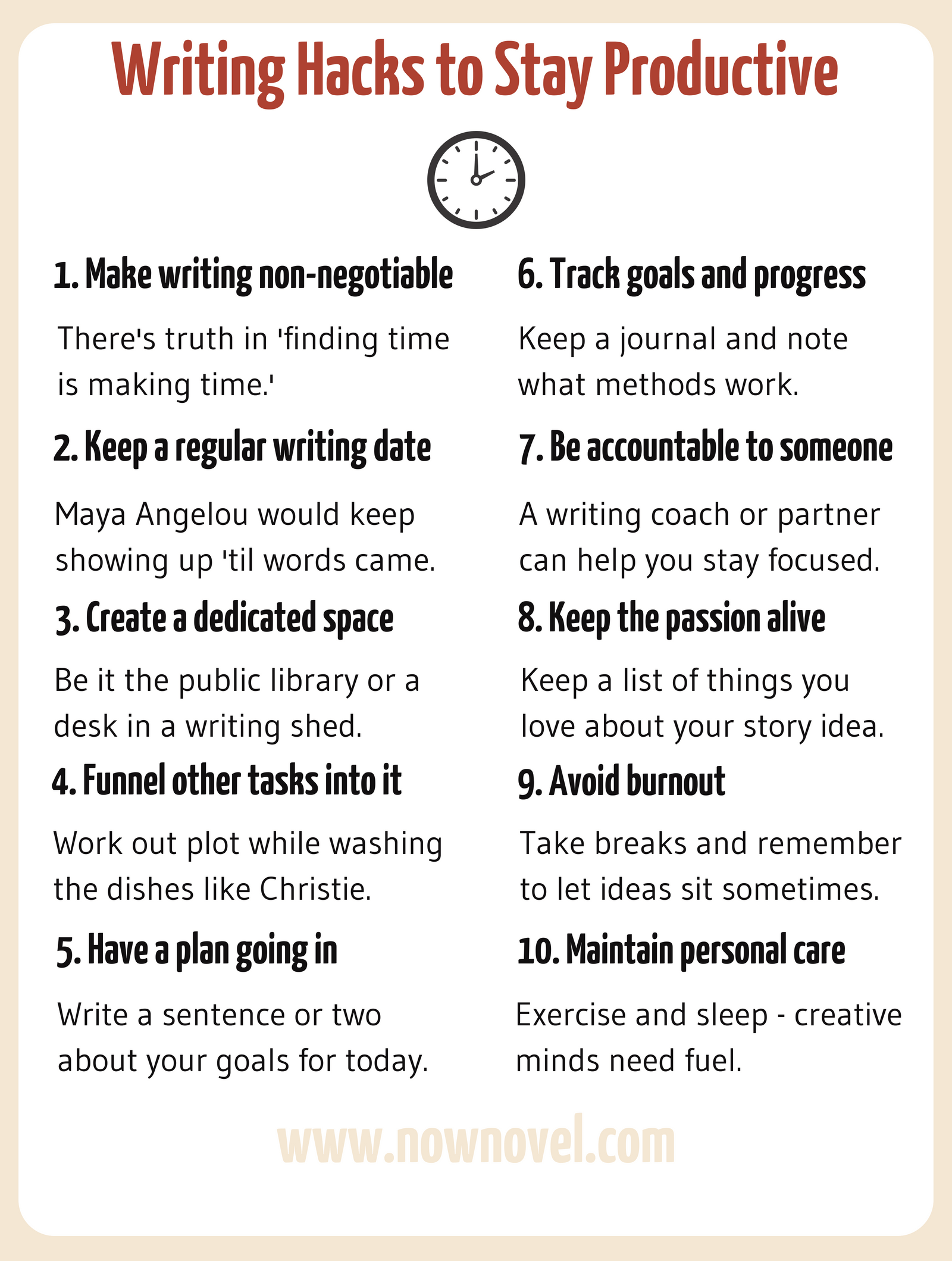 Writing hacks to keep writing and stay productive - infographic | Now Novel