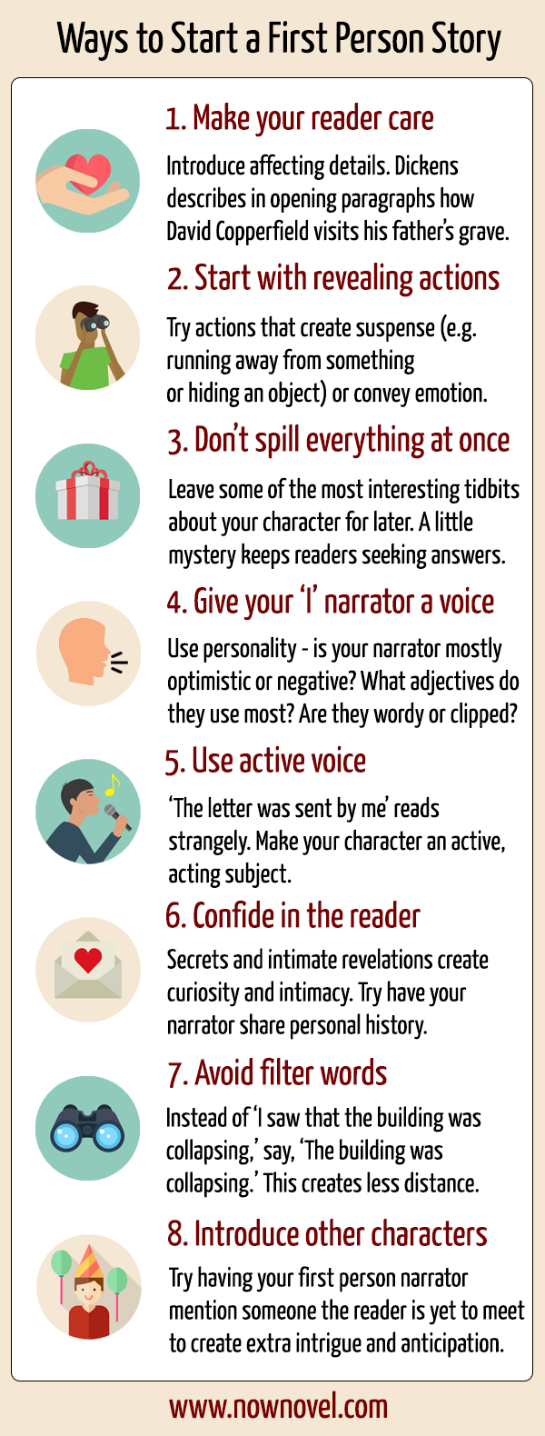 How to start a first person story - infographic | Now Novel