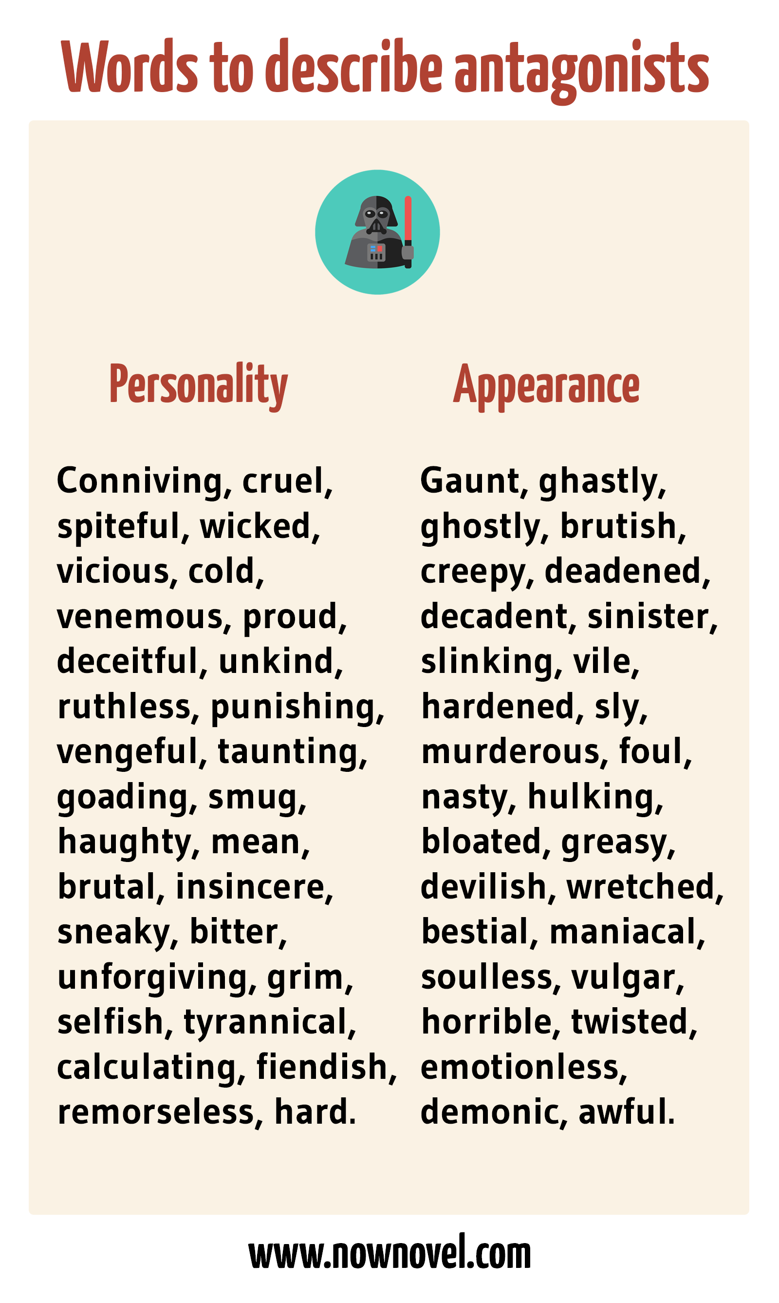 Infographic - antagonist examples - words to describe antagonists | Now Novel