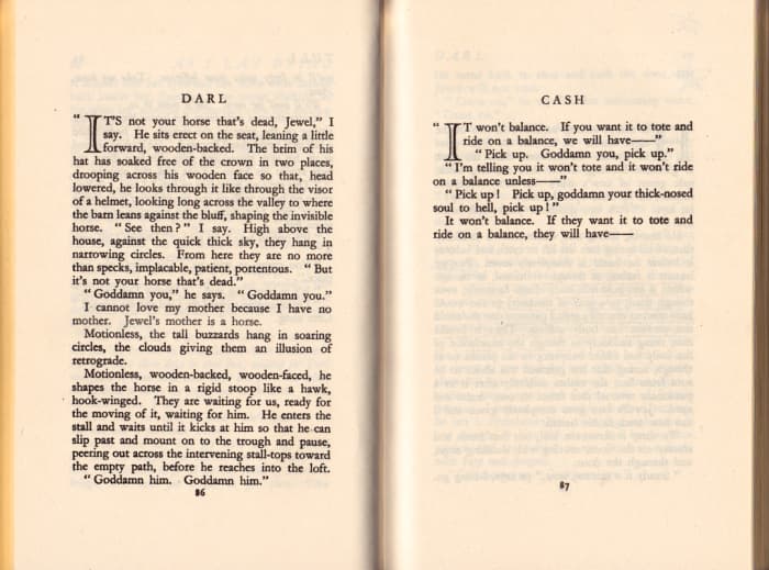 Showing multiple points of view -Pages 86 to 87 of William Faulkner - As I Lay Dying