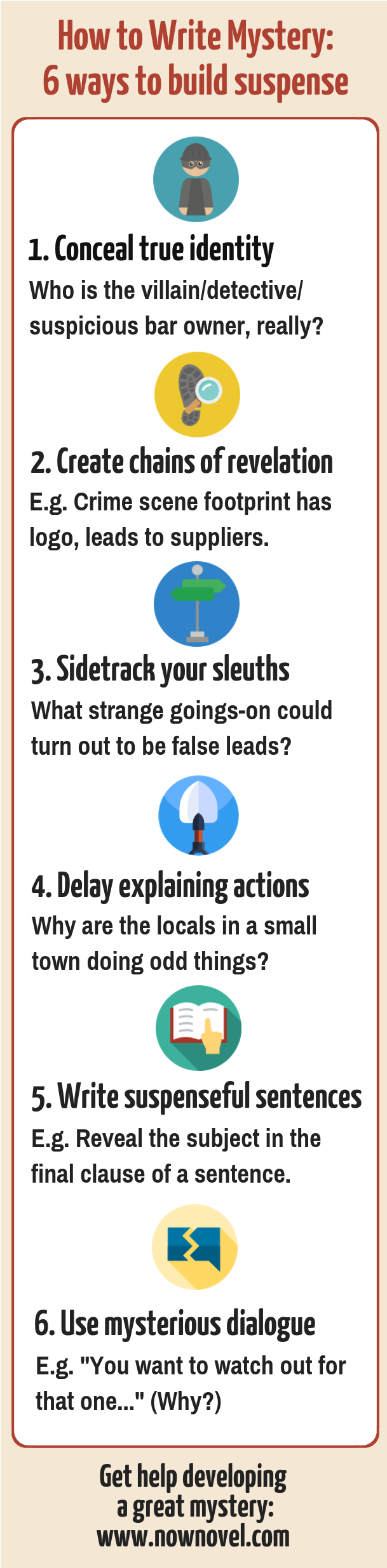 How to write mystery - 6 ways to create suspense - infographic | Now Novel
