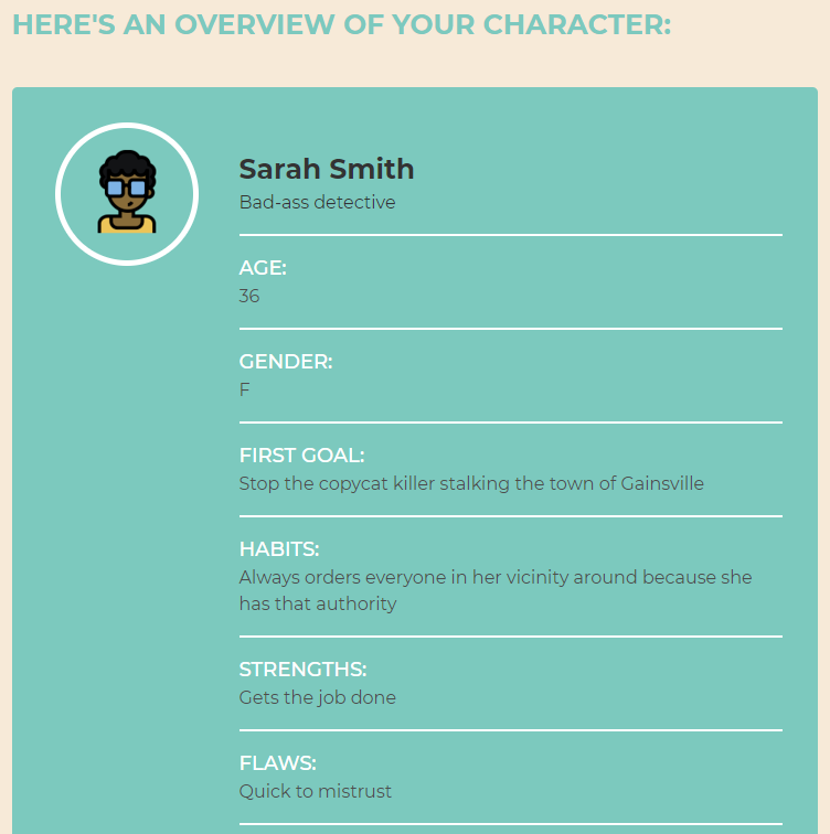 Now Novel character outlining tool - profile summary card for a detective character