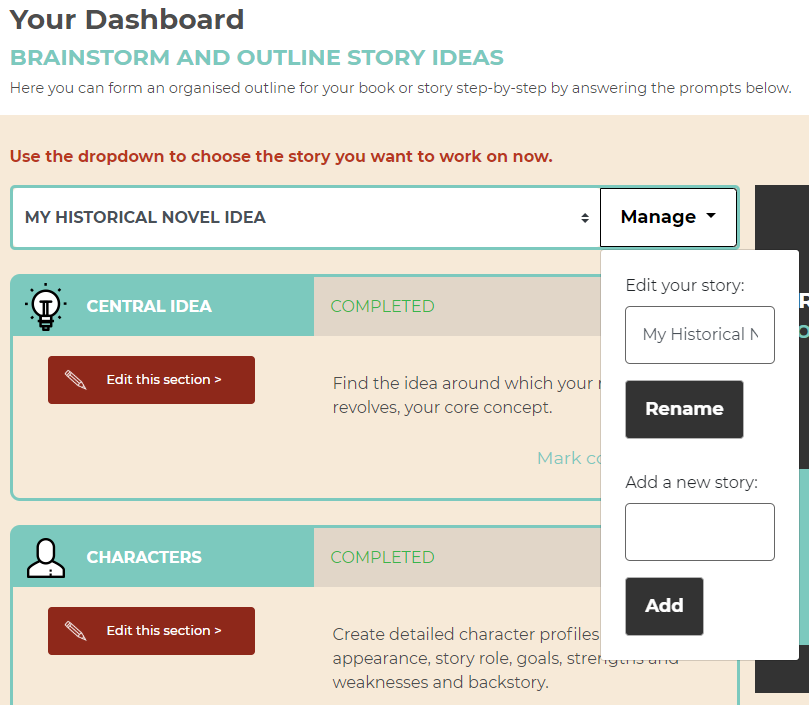 Story outlining in Now Novel's dashboard - managing multiple story ideas