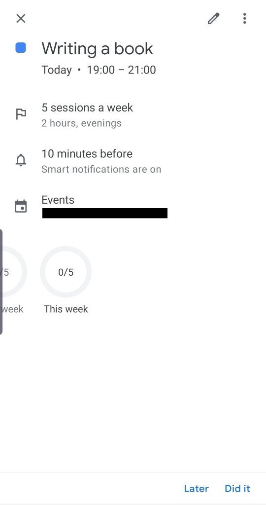 Screenshot of Google Calendar with writing reminder