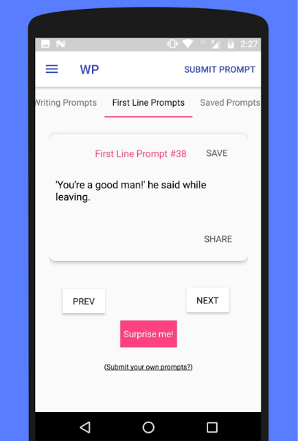 Screenshot of writing prompts app by Bew