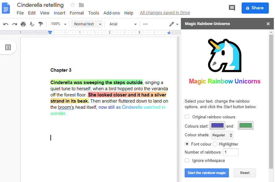 Example of Magic Rainbow Unicorns Google Docs applet | Now Novel