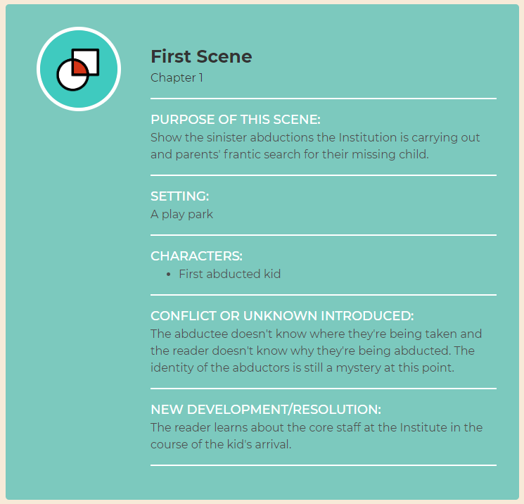 Now Novel UI with scene summary card showing premise