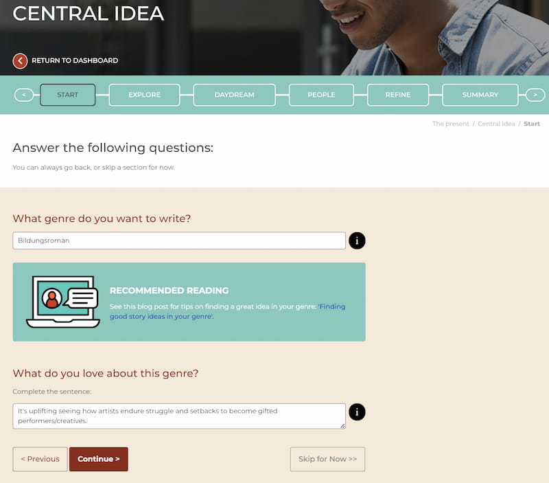 Central idea prompts in the Now Novel dashboard - generating ideas