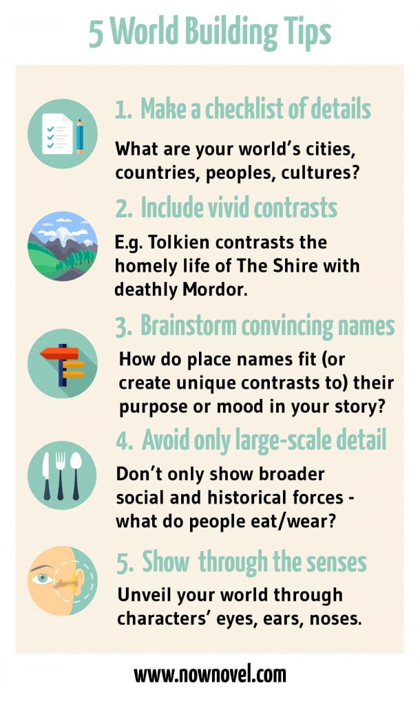 Worldbuilding - infographic with 5 tips on story setting creation