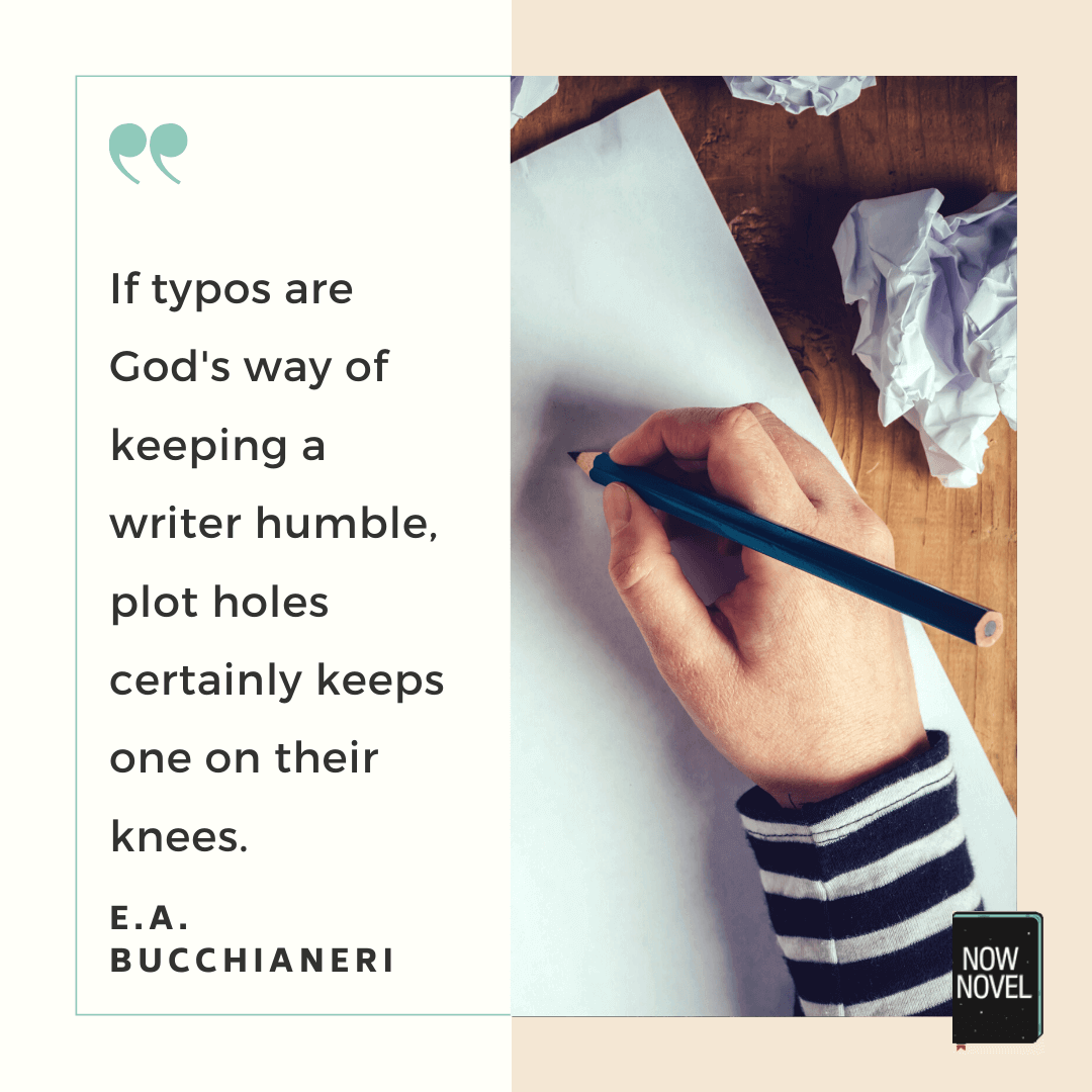Plot hole quote - E.A. Bucchianeri - typos keep a writer humble, plot holes keep one on their knees. 