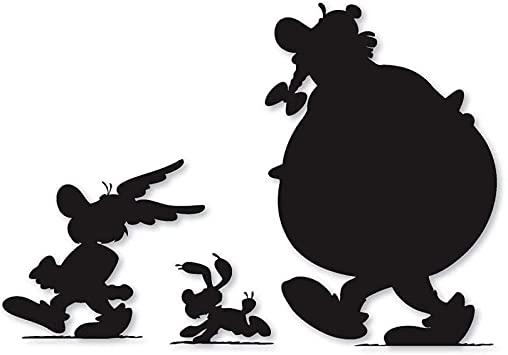 Silhouette of comic book characters Asterix, Obelix and Dogmatix
