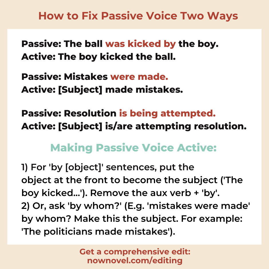 Two ways to fix passive voice - infographic with example