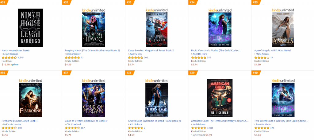 Screenshot of young adult category bestsellers on Amazon