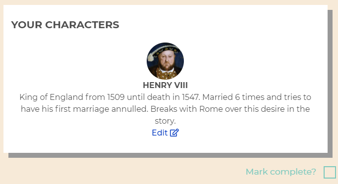 Character profile using Now Novel for Henry VIII - research