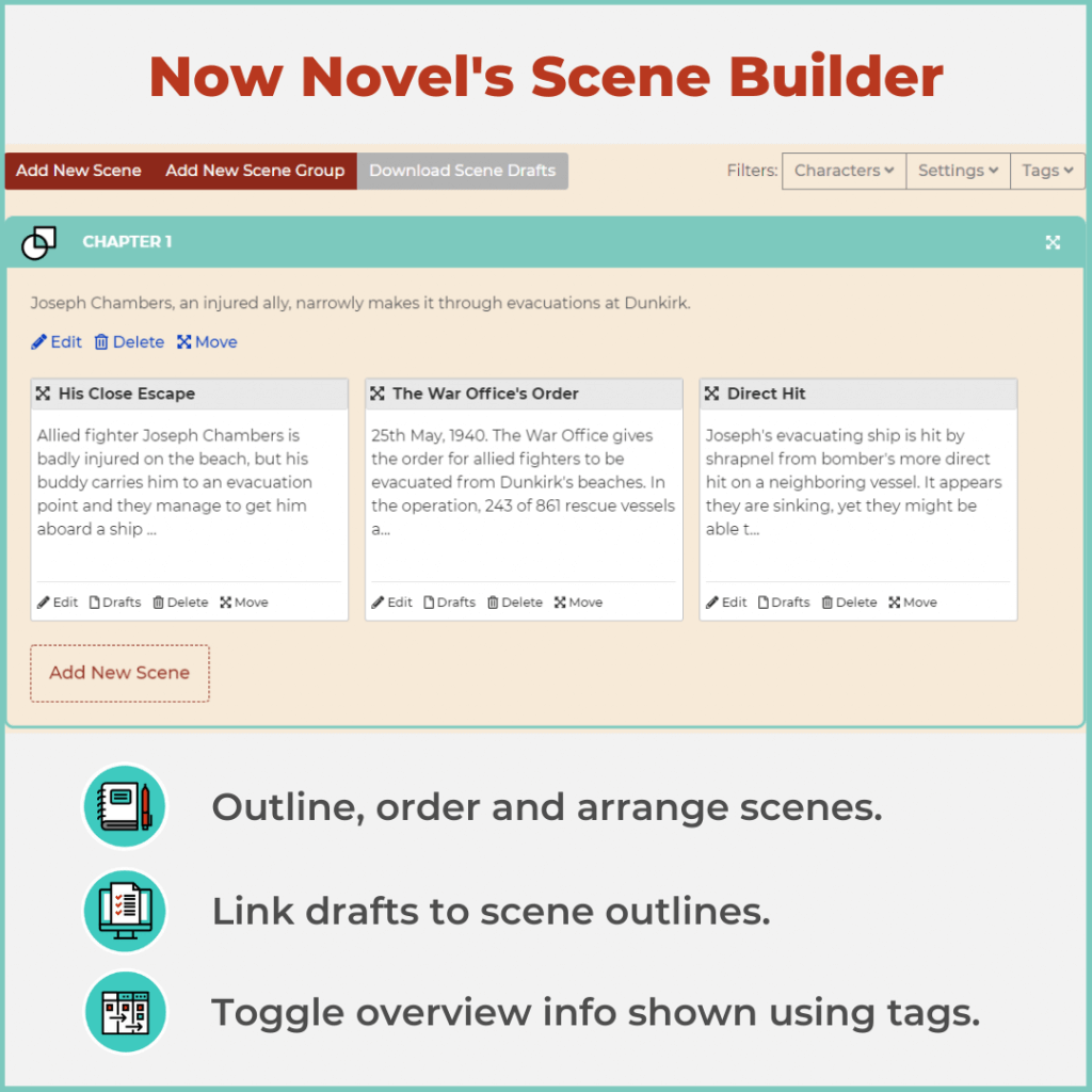 Organize story scenes in Now Novel's scene builder - screenshot of writing software