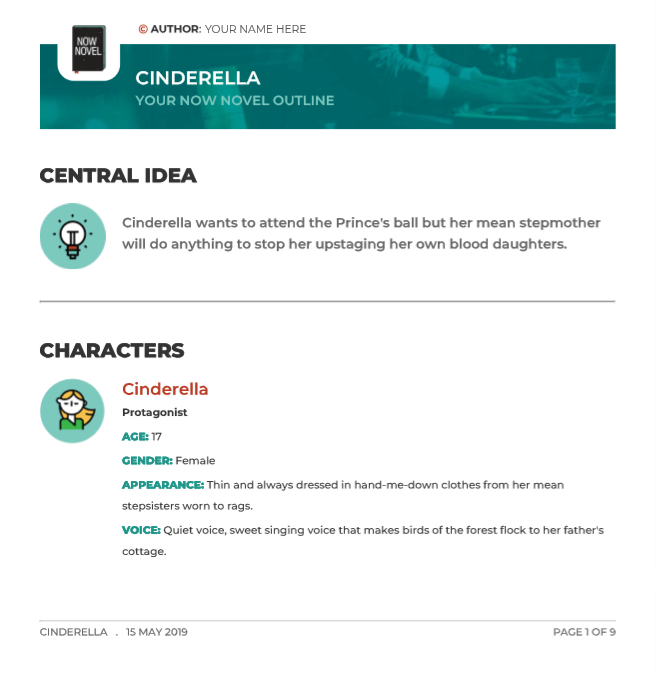 Now Novel story planning tool example using Cinderella