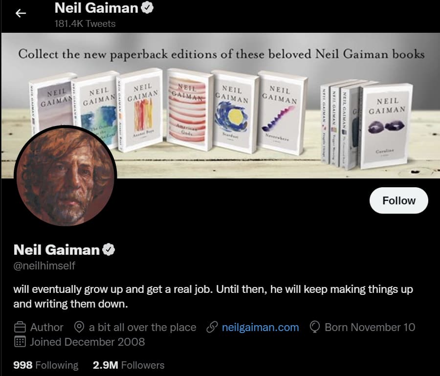 Neil Gaiman Twitter header and bio