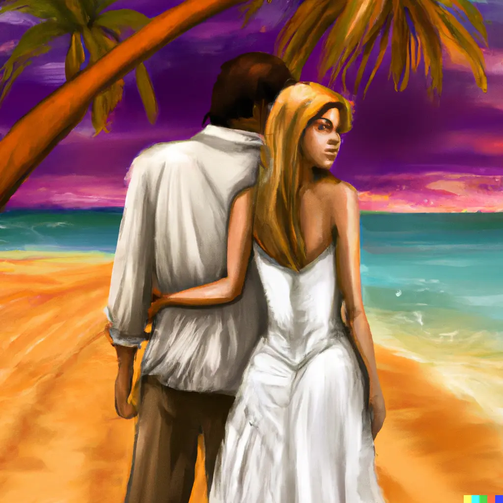 AI generated travel romance design inspiration - couple on beach