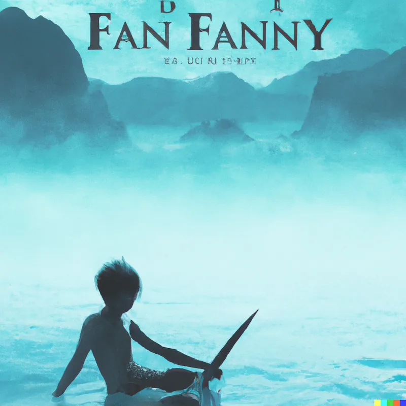 Fantasy novel cover art inspiration of a boy in a boat, monochromatic teal