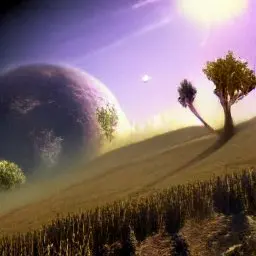 AI-generated science fiction image - alien planet with nearby neighboring planet and vegetation