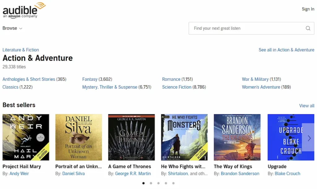 Audible action and adventure subcategories - category page example