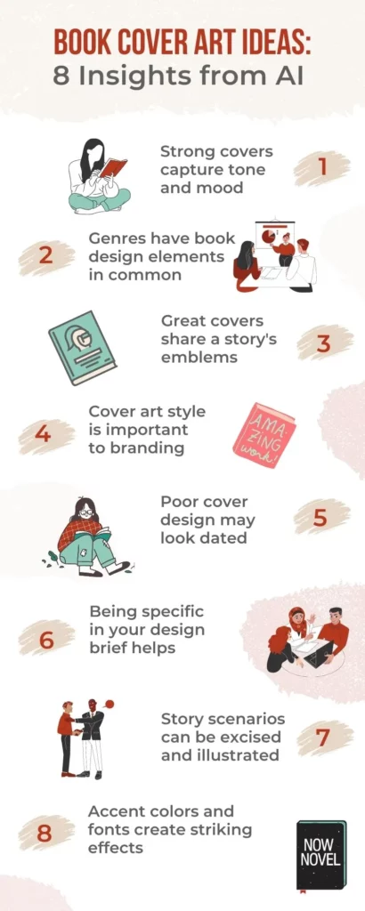 Book cover art ideas infographic with tips on what makes a good cover design