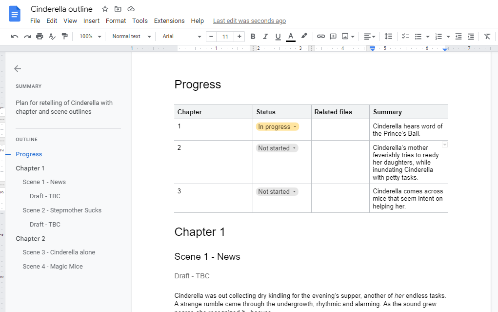 Example story plan created using Google Docs - Cinderella