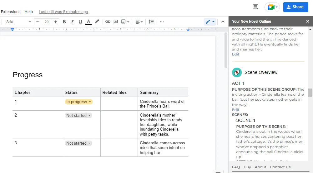 Story planning in Google Docs - Now Novel add-on
