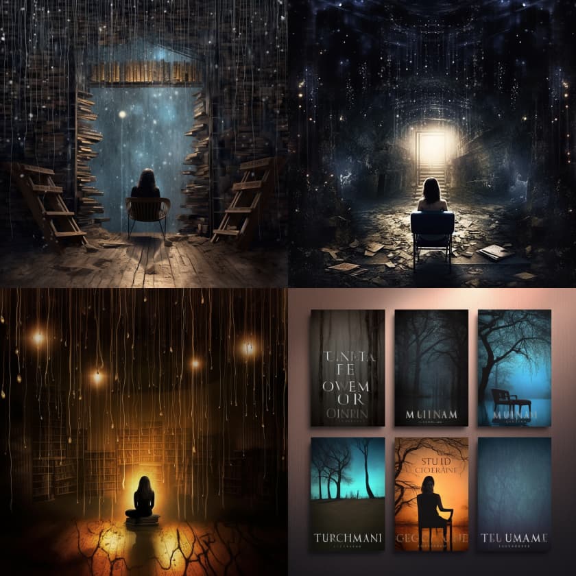 four ai-generated mystery book cover mocks aggregating descriptions of 2023 bestsellers
